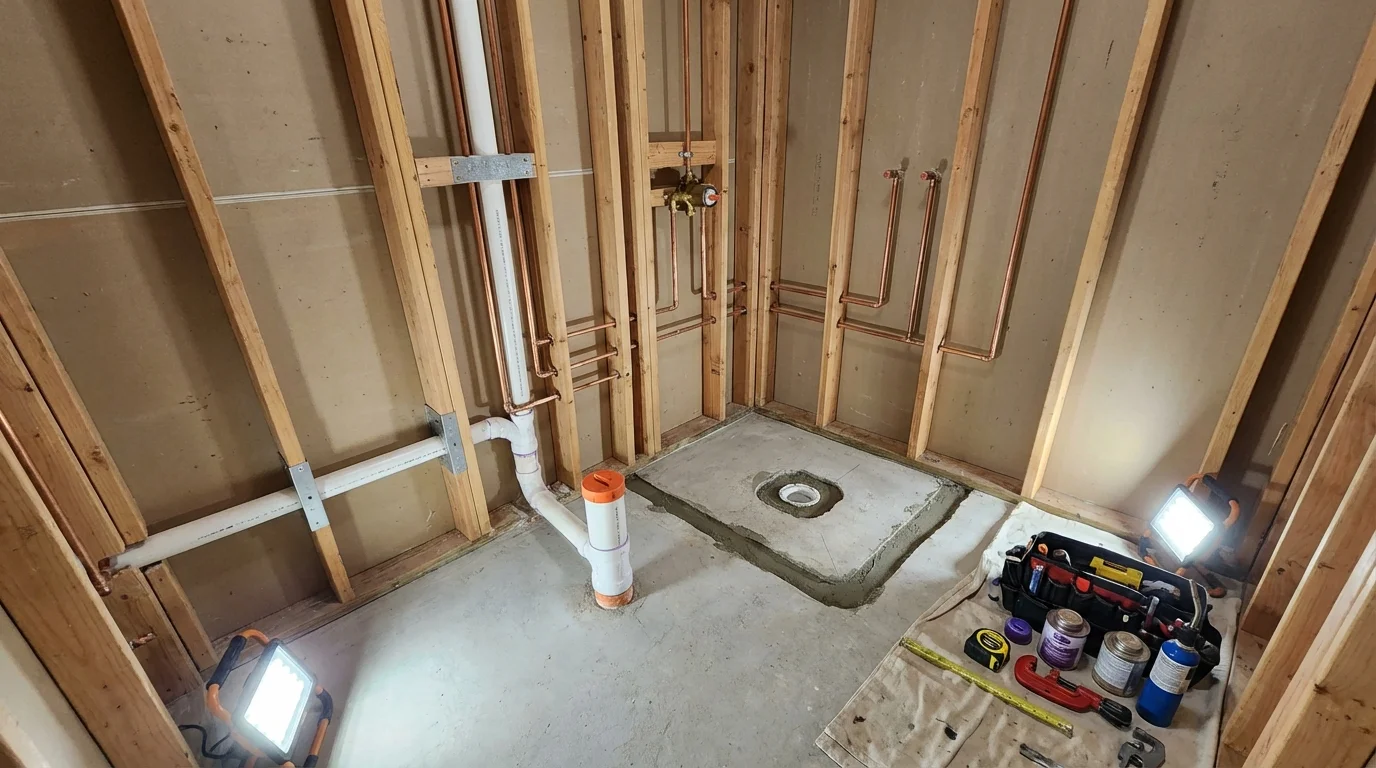 Bathroom rough-in plumbing during remodel by Johns Plumbing LLC in Gettysburg