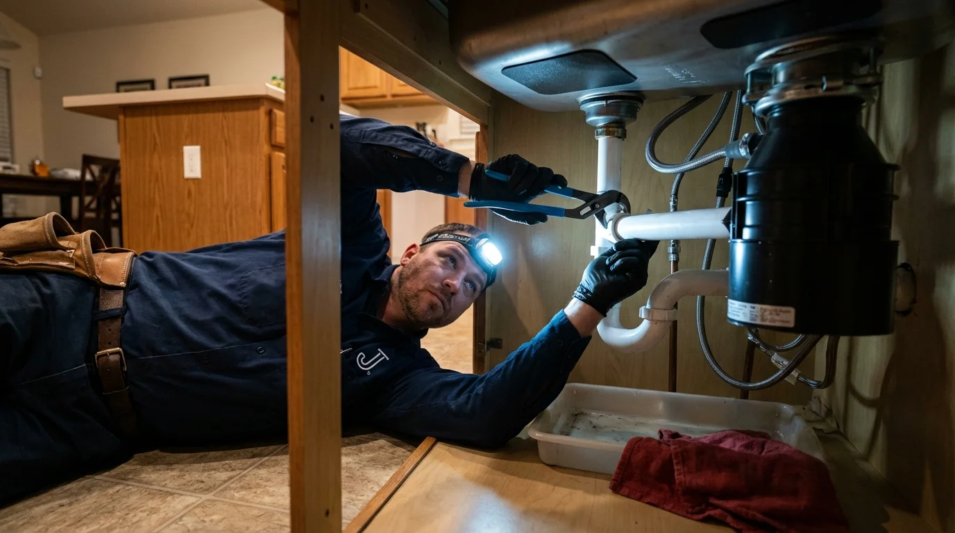 P-trap and supply line connections under a kitchen sink showing a common leak point in Gettysburg, PA